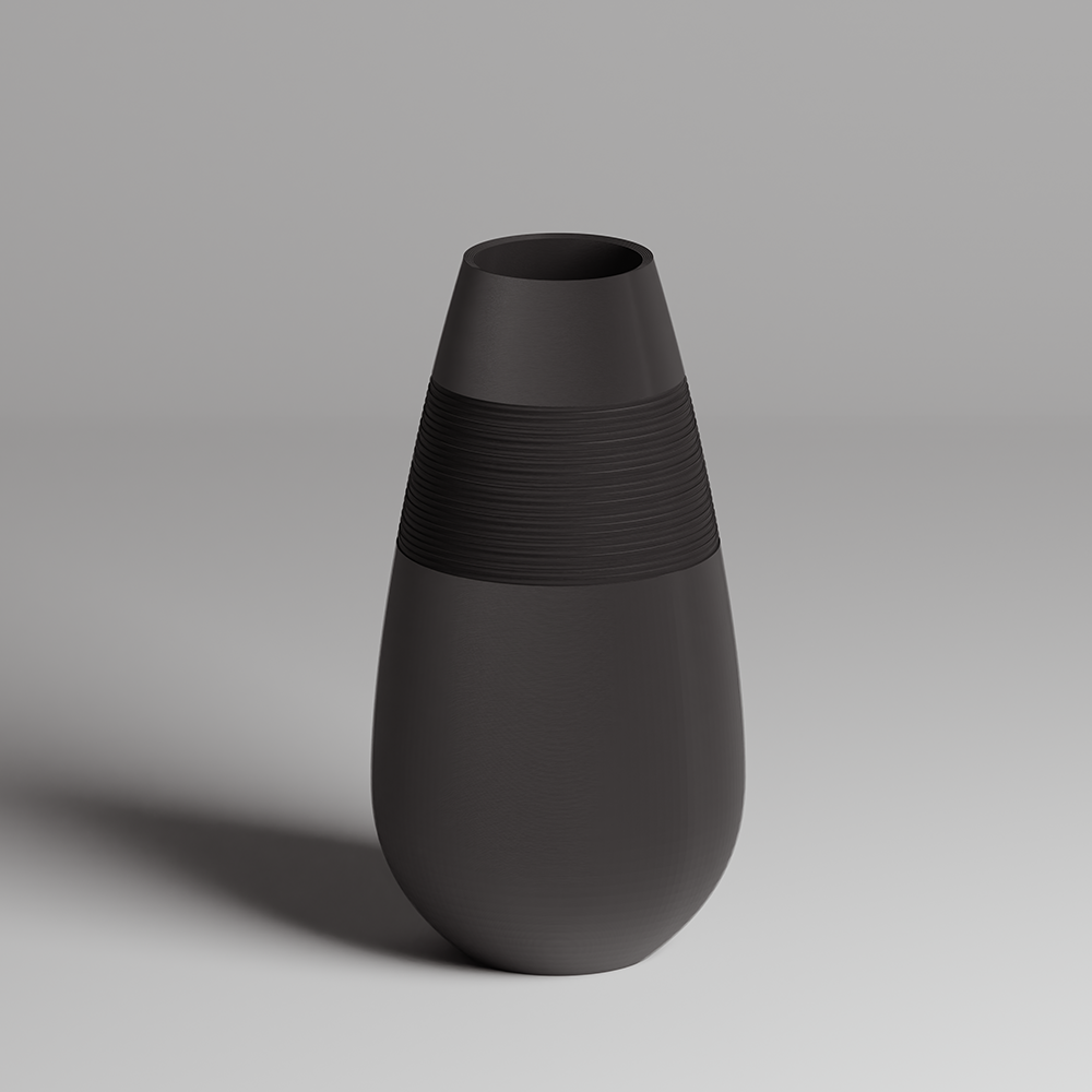 Black vase with textured design on a gray background