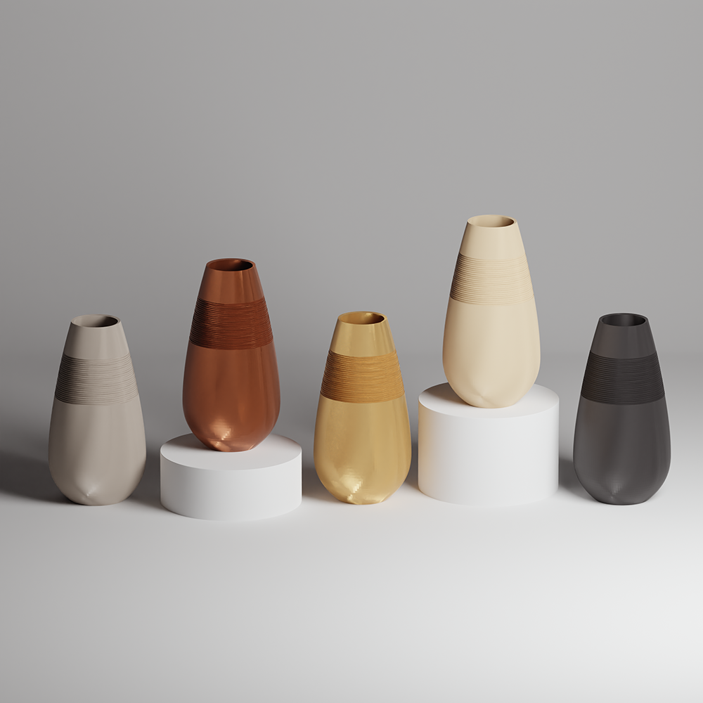 Set of five 3d print vases in various colors on a gray background
