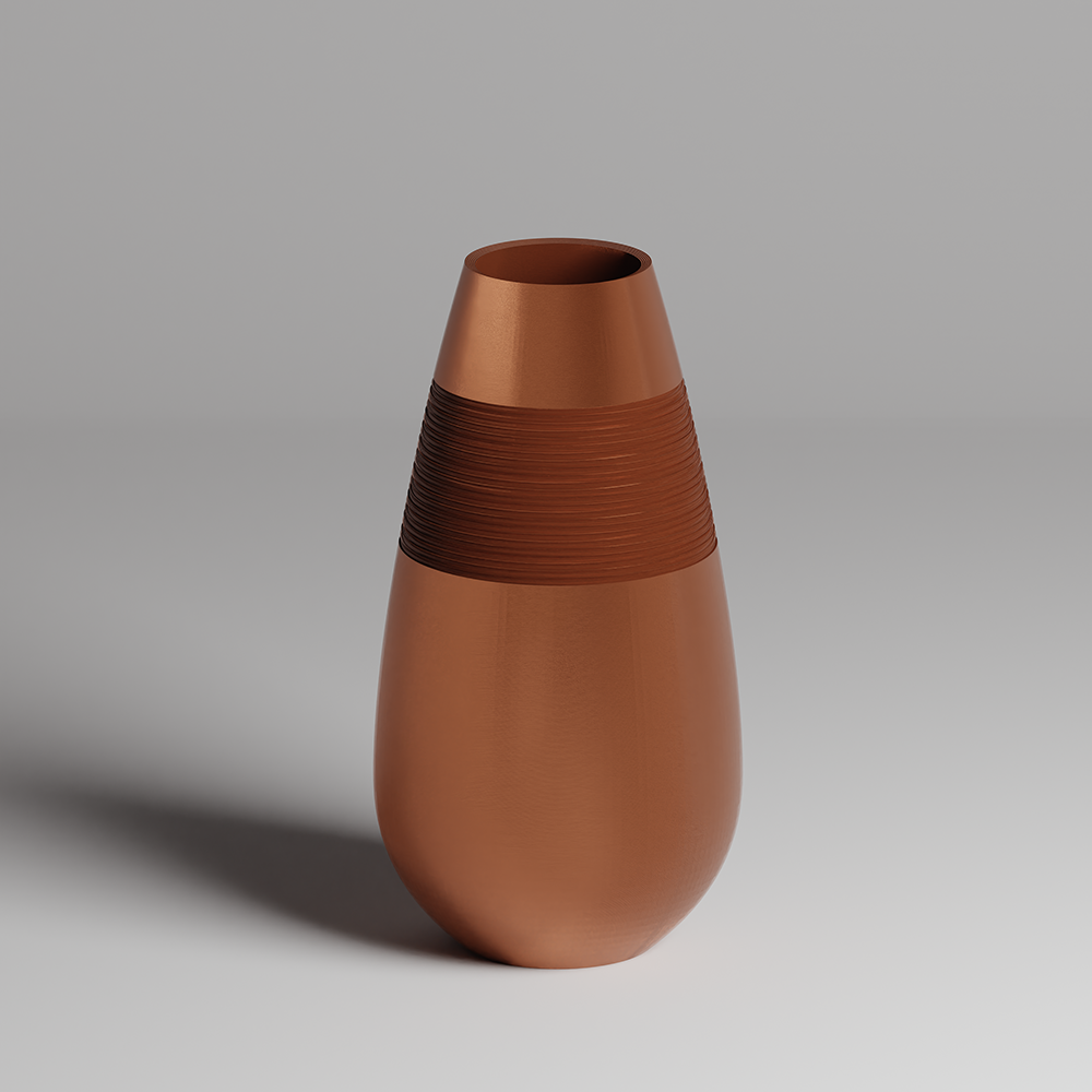 Brown 3d print vase with textured design on a gray background
