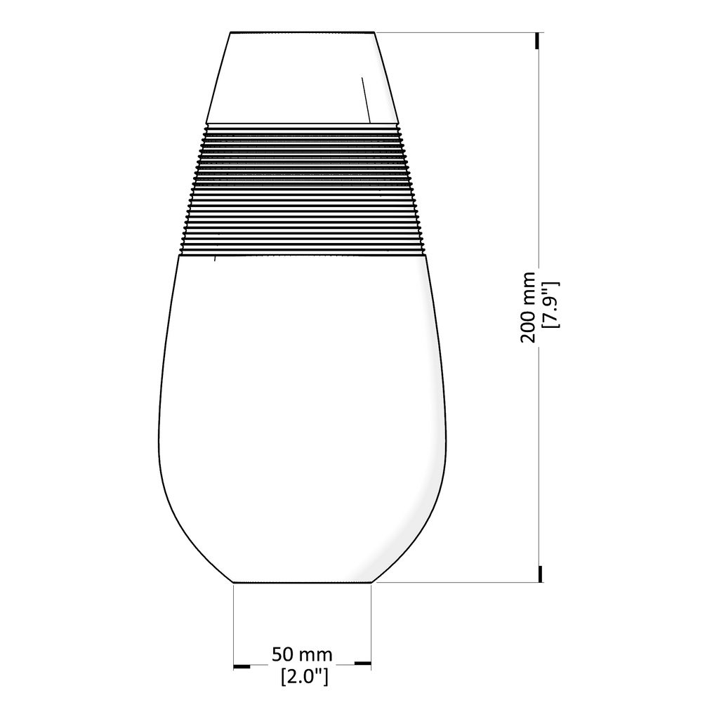 Technical drawing of a cylindrical object with dimensions labeled
