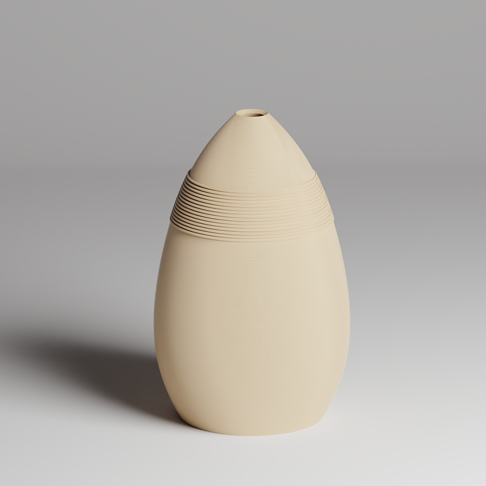 Beige 3d print vase with textured design on a gray background