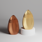Two metallic vases, one copper and one gold, on a gray background
