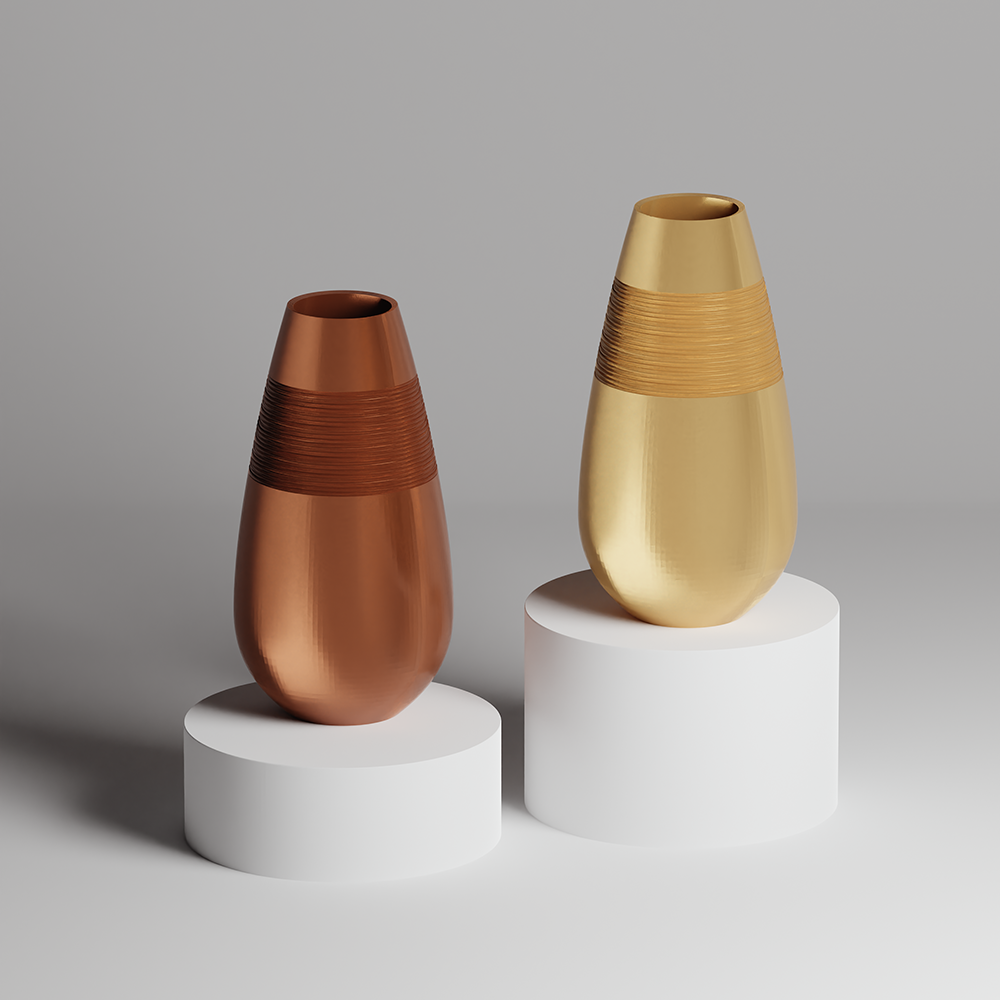 Two metallic vases, one copper and one gold, on white cylindrical stands against a gray background.
