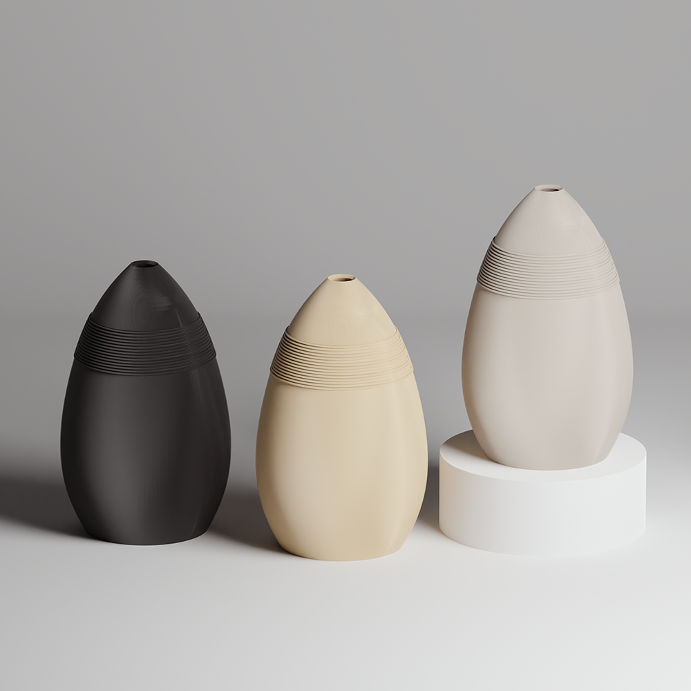 Three 3d print vases in black, beige, and white on a gray background
