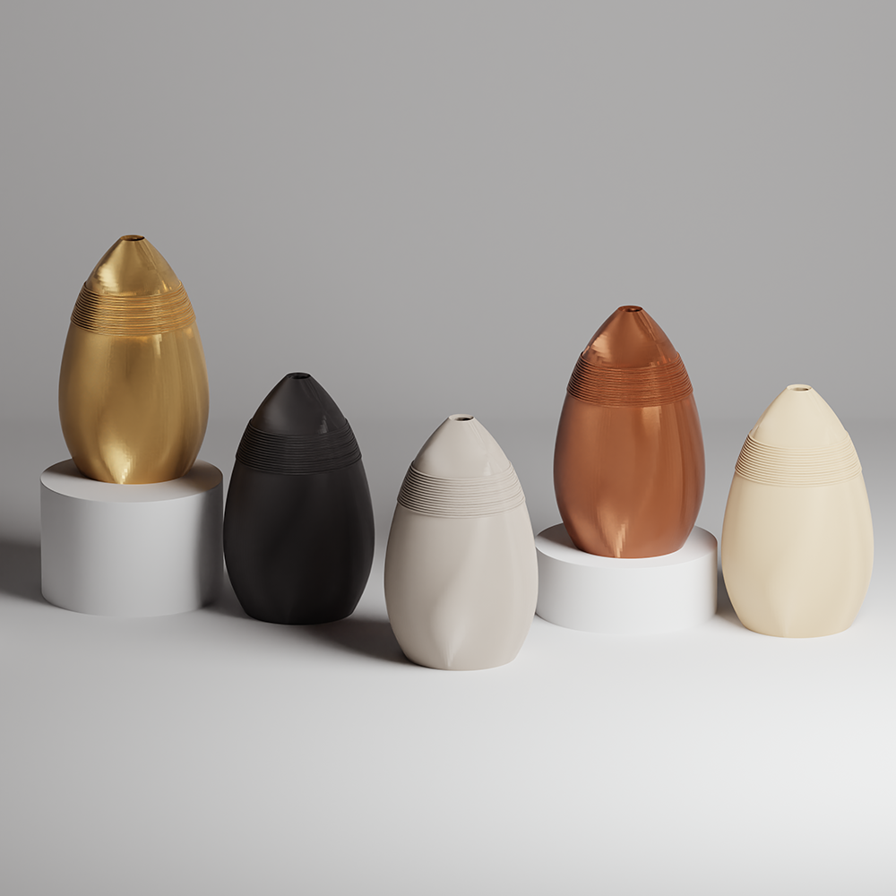 Five 3d print vases in different colors on a gray background