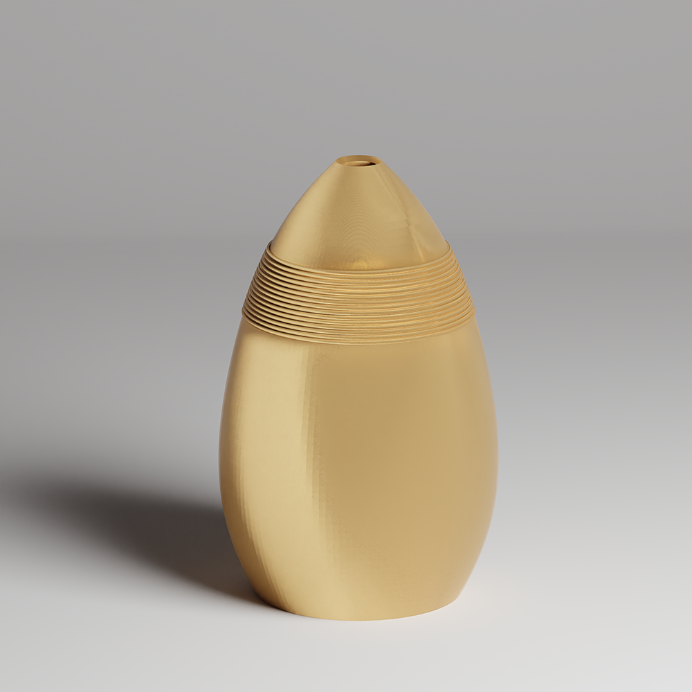 Gold-colored vase with textured design on a gray background