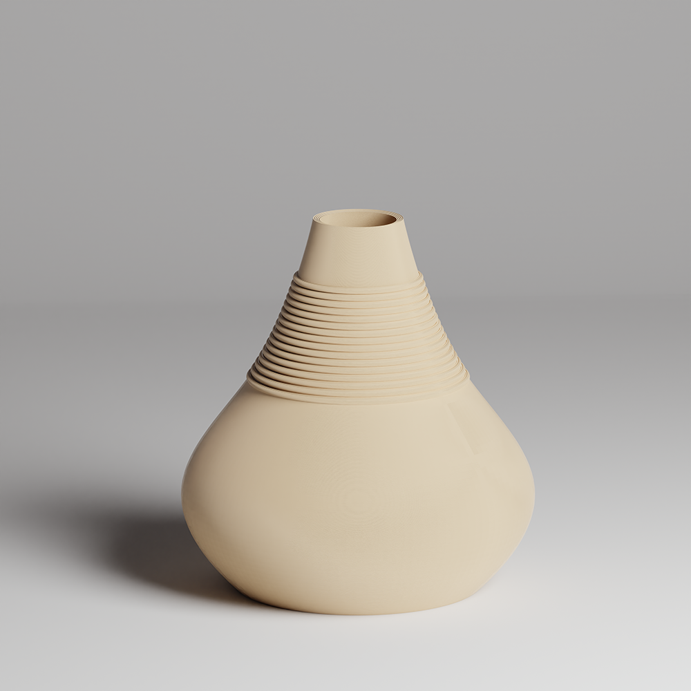 Beige ceramic vase with textured design on a gray background