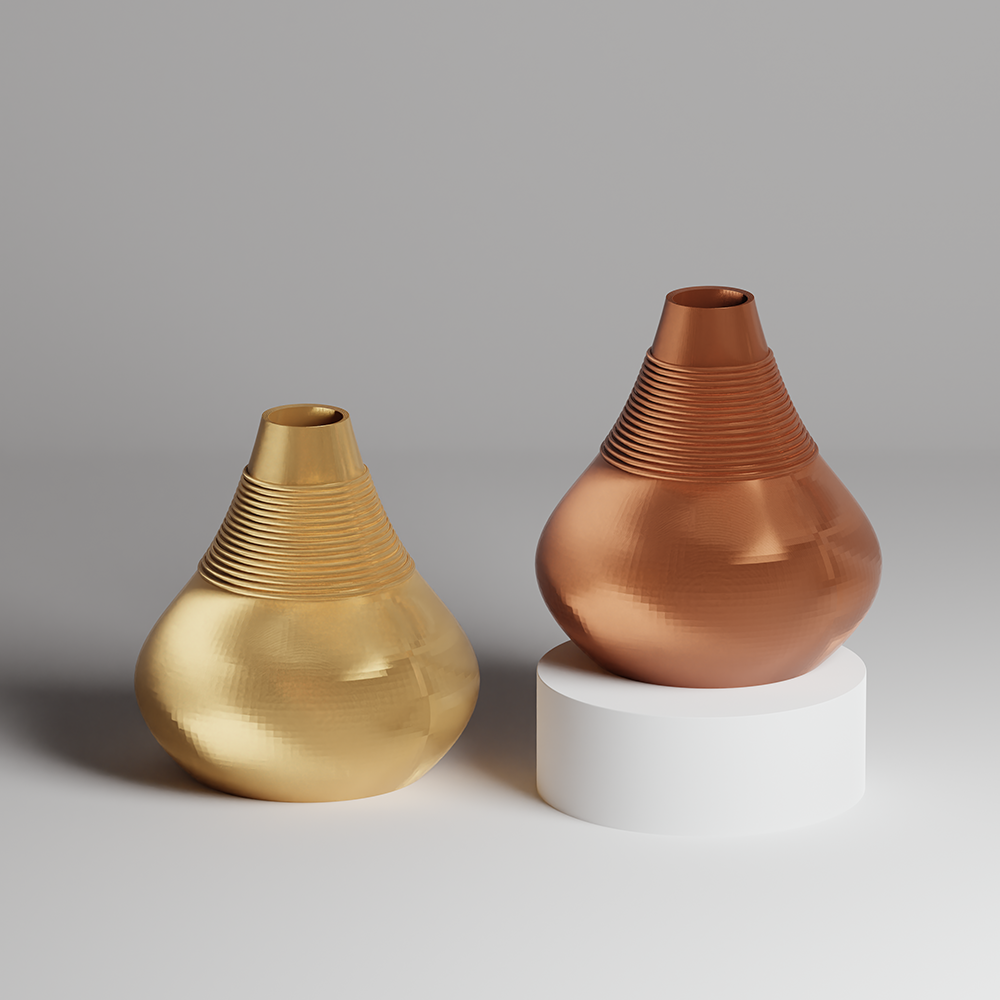 Two decorative vases, one gold and one terracotta, on a gray background.