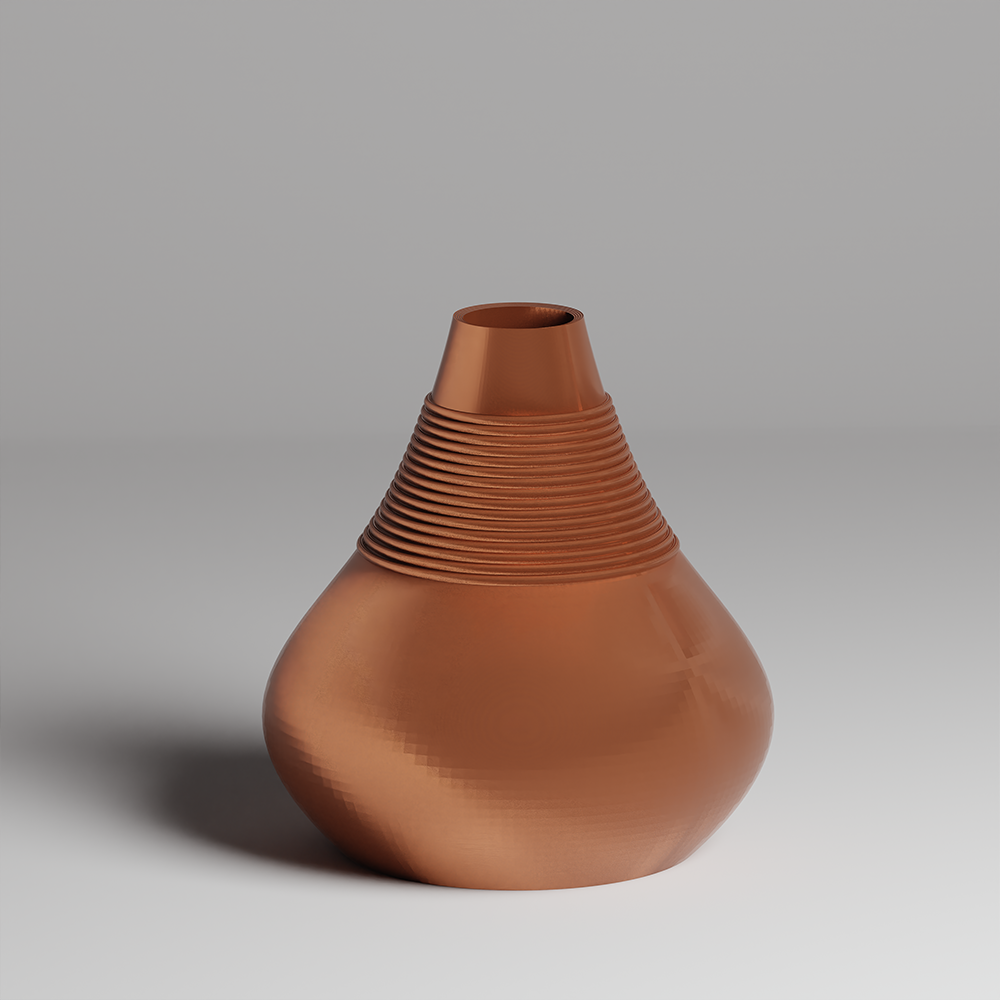 Terracotta vase with textured design on a gray background