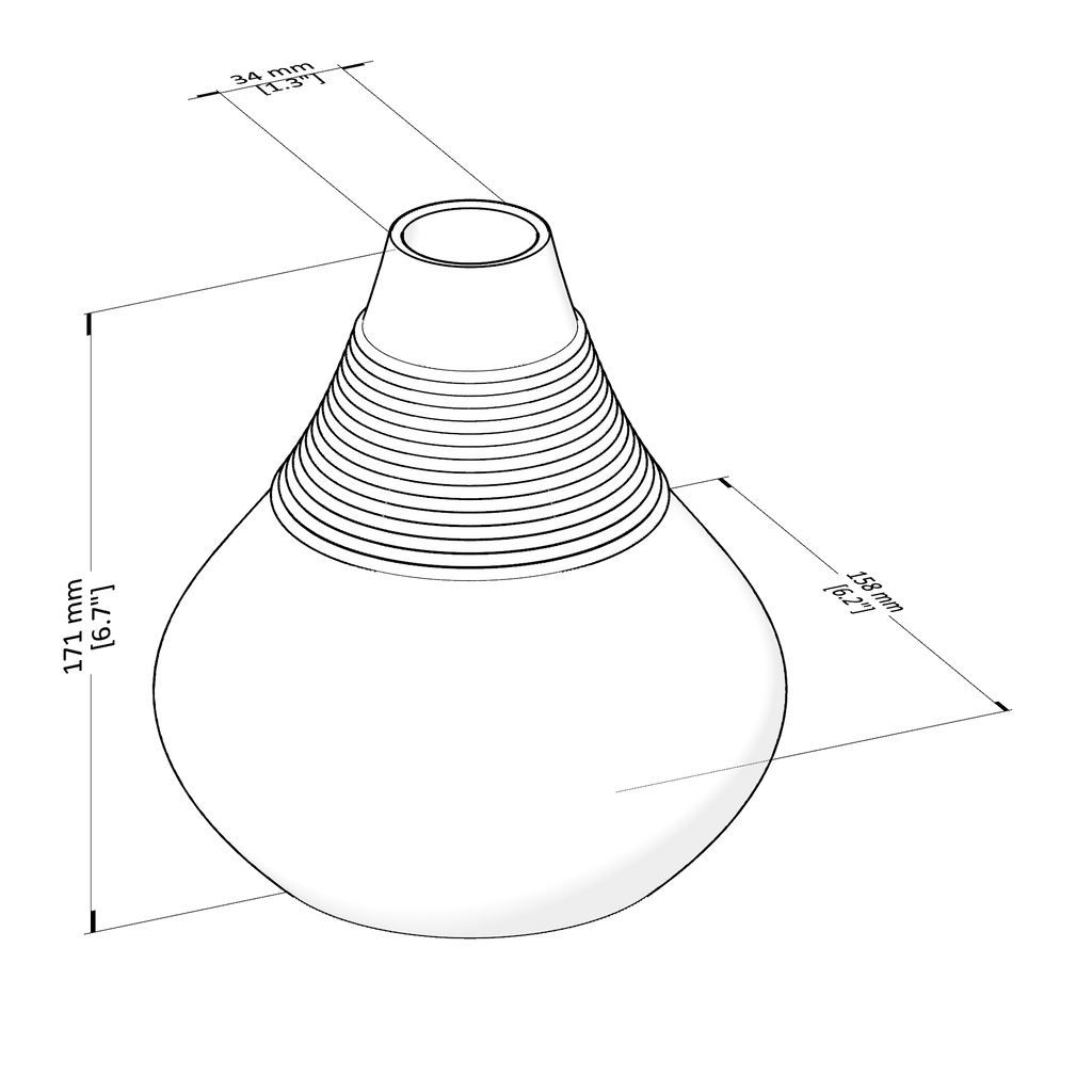 Technical drawing of a conical object with dimensions labeled