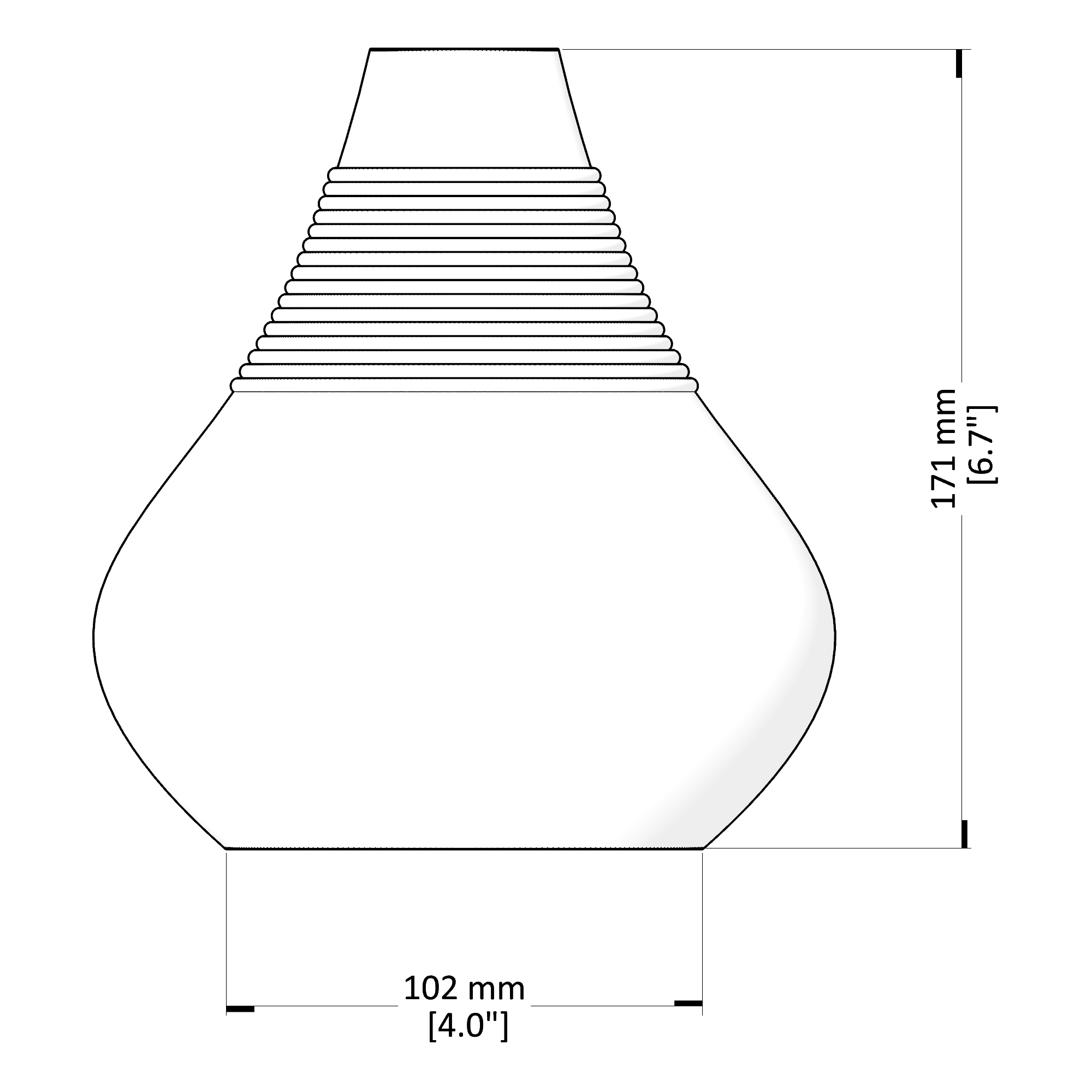 Technical drawing of a vase with dimensions labeled