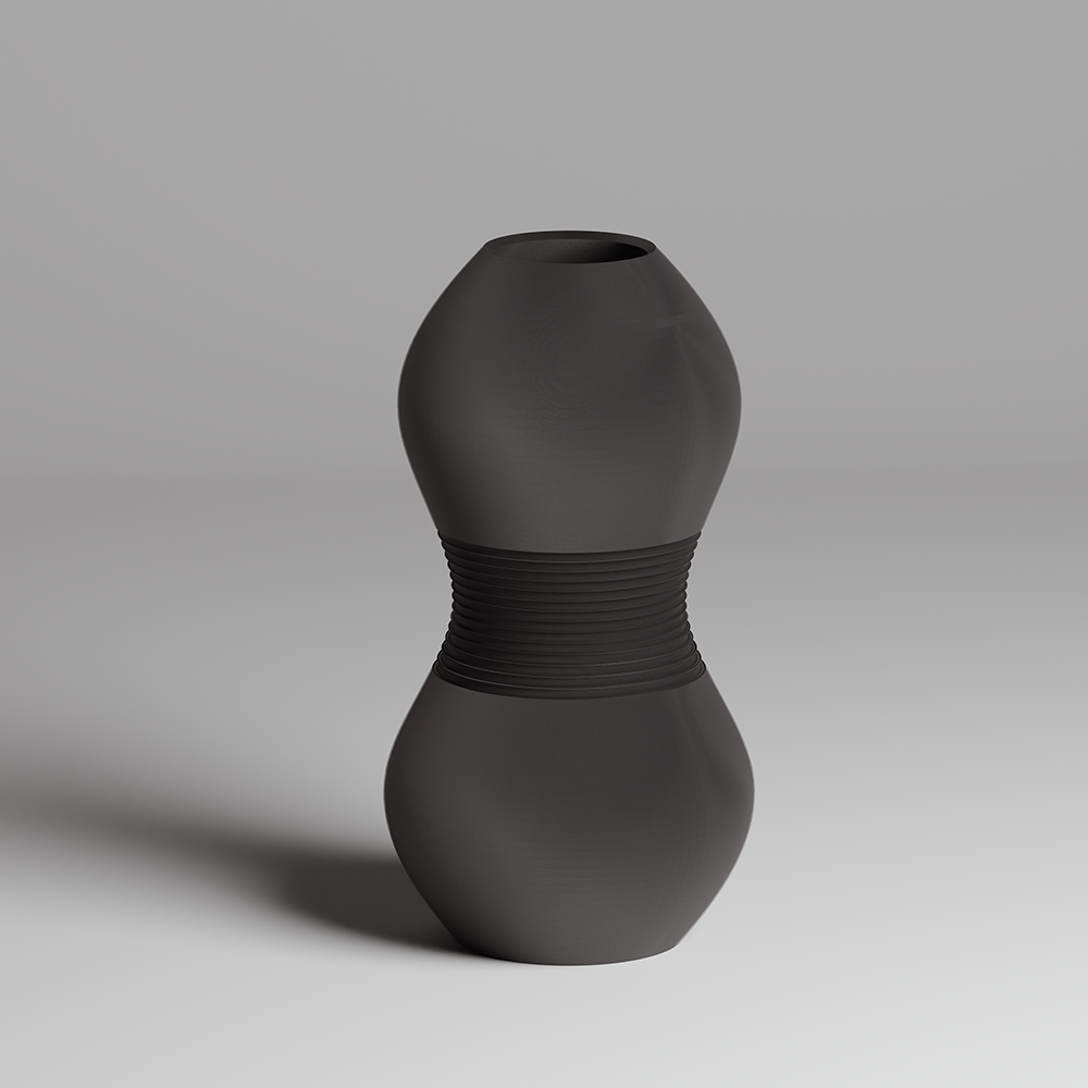 Dark gray 3d print vase with ribbed design on a light gray background