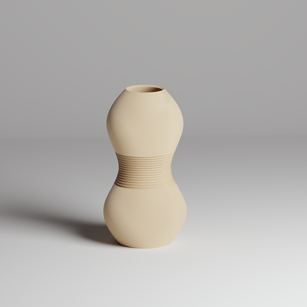 Beige 3d print vase with textured design on a gray background