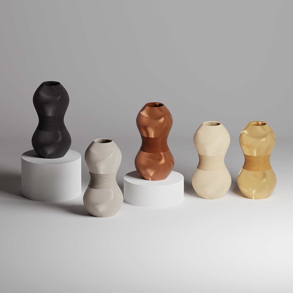 Set of six unique 3d print vases on white stands against a gray background