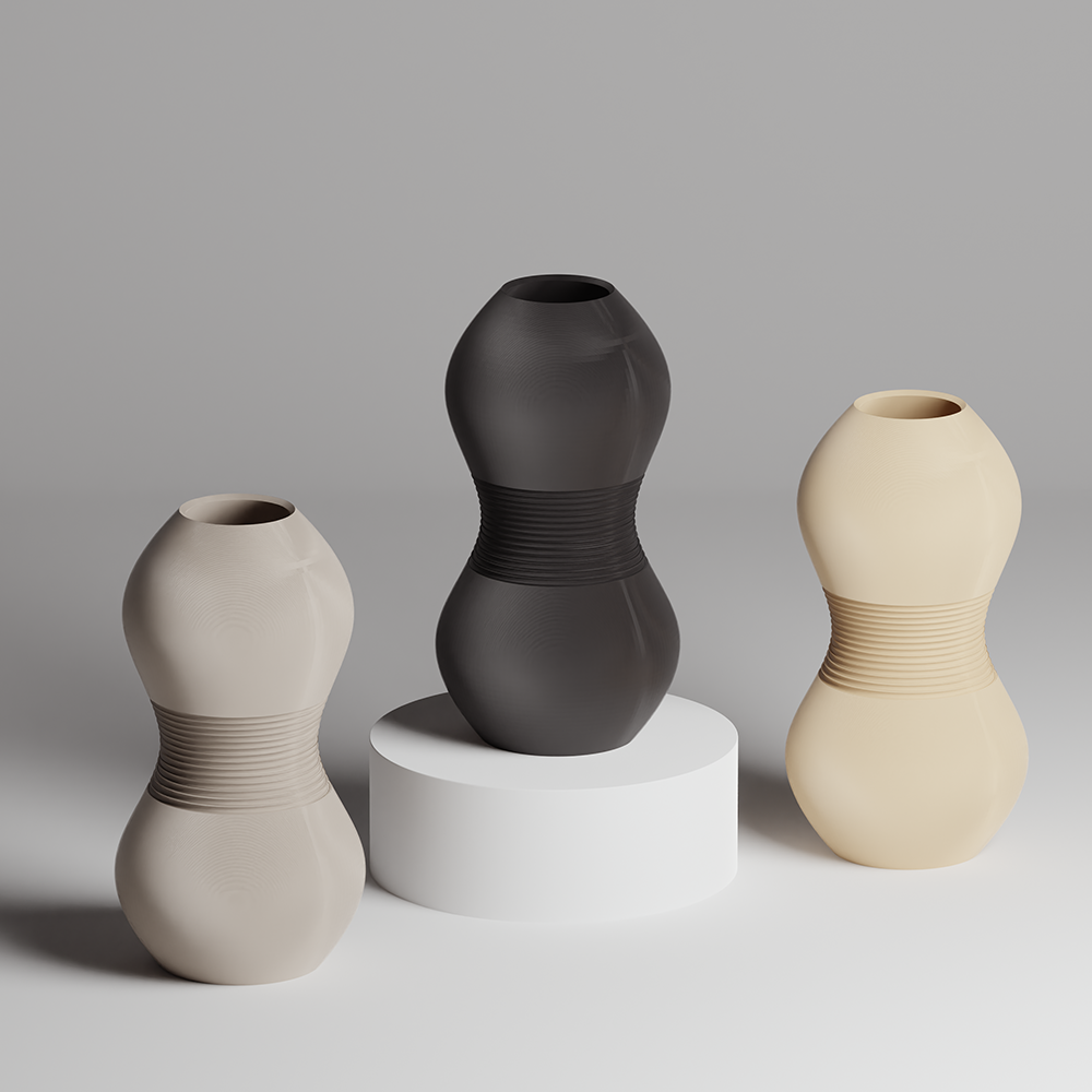 Three 3d print vases in black, beige, and gray on a neutral background