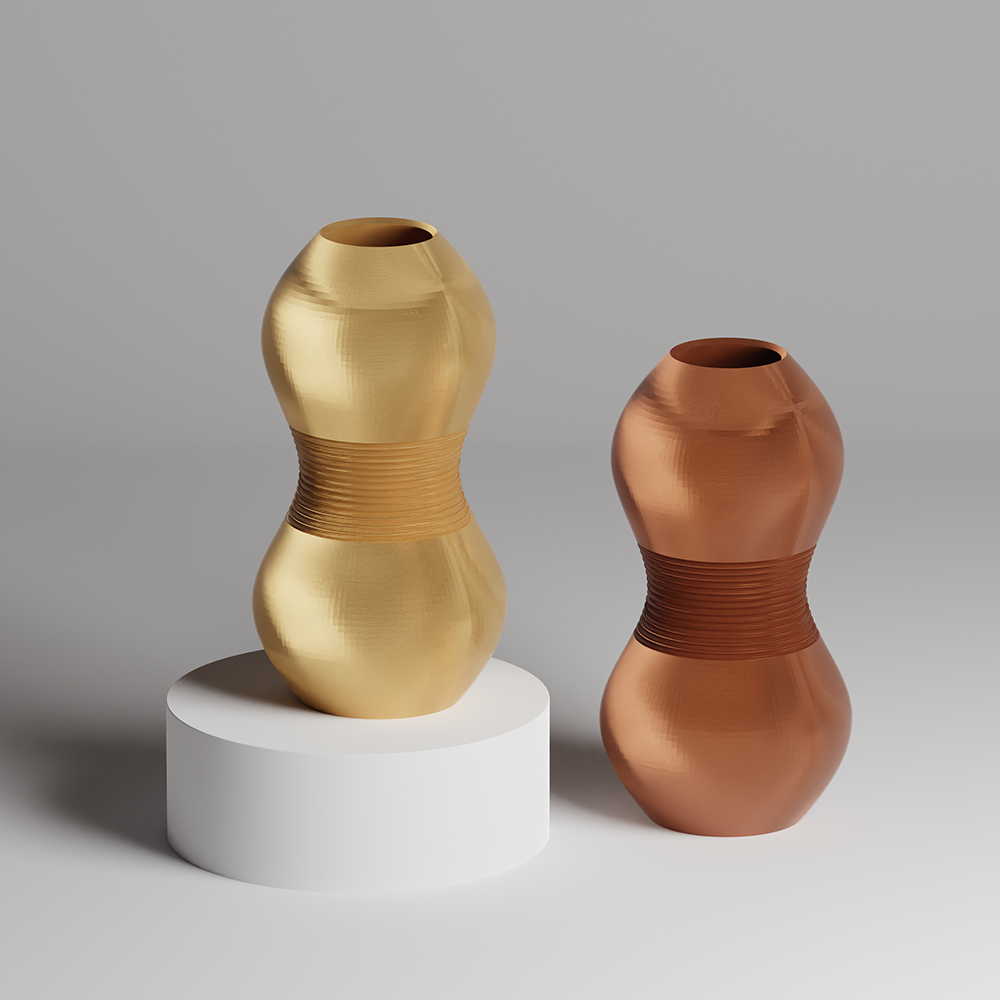 Two decorative vases, one gold and one bronze, on a plain background
