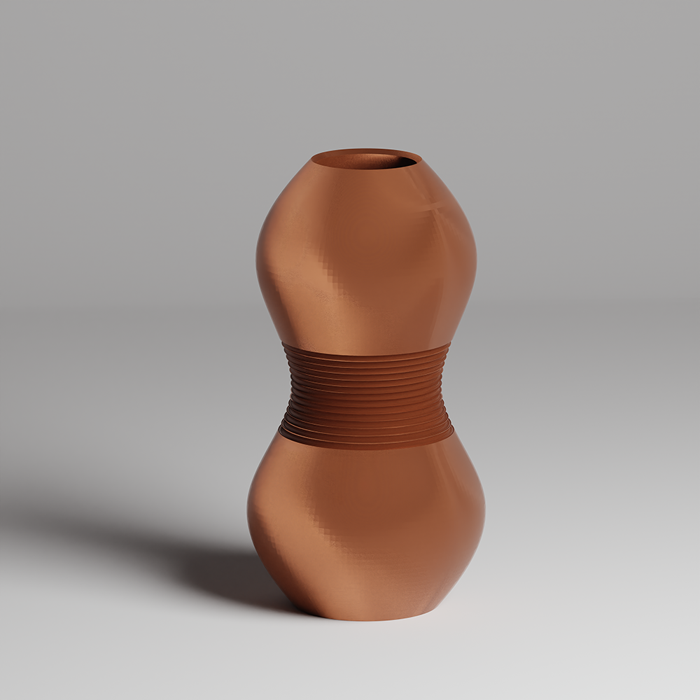 Brown ceramic vase with ribbed design on a gray background