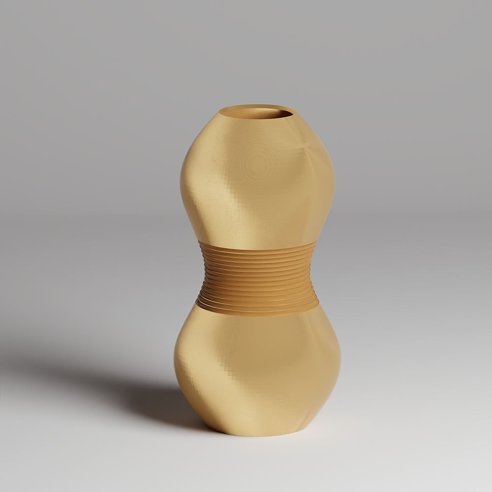 Gold-colored vase with a ribbed design on a gray background