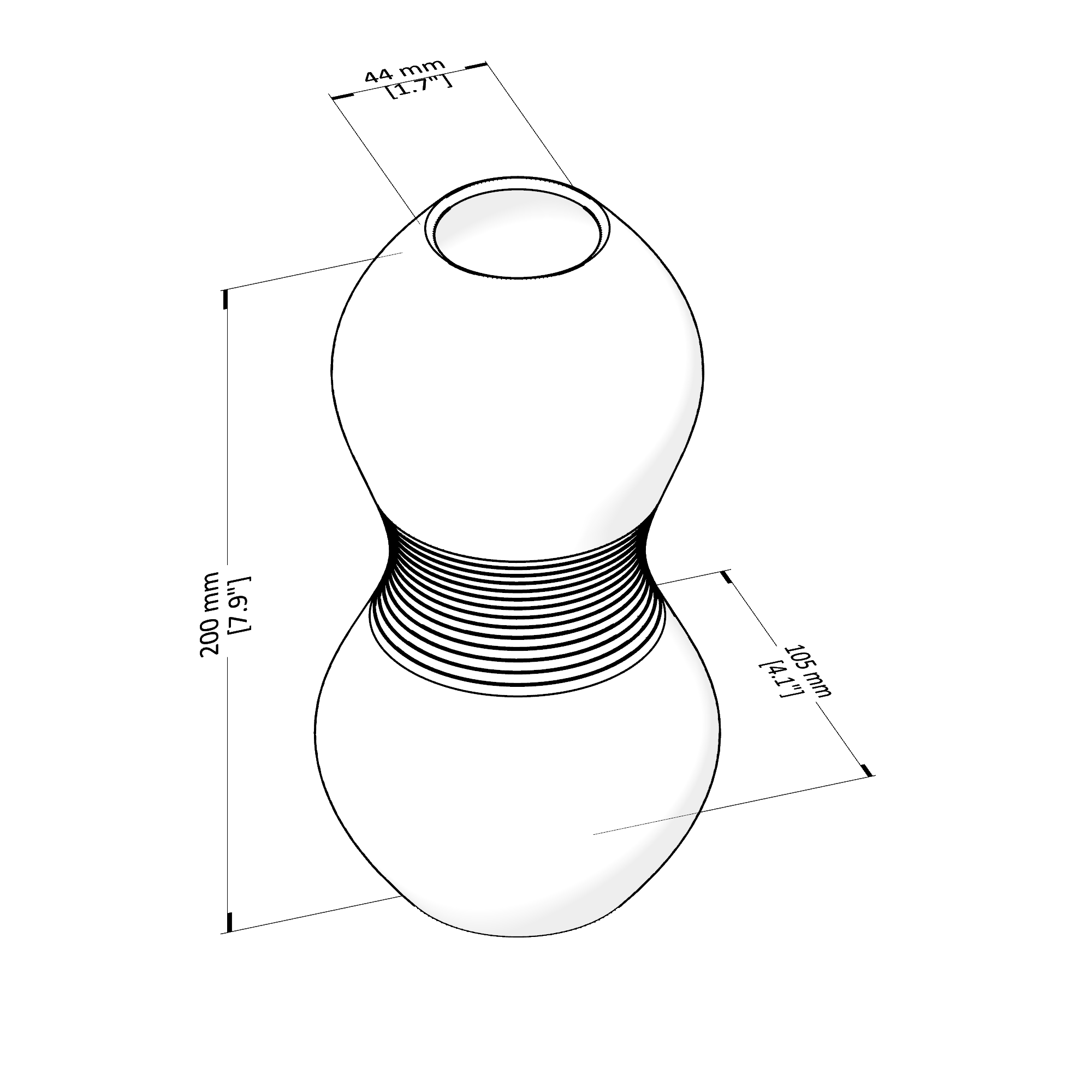 Technical drawing of a spherical object with dimensions labeled