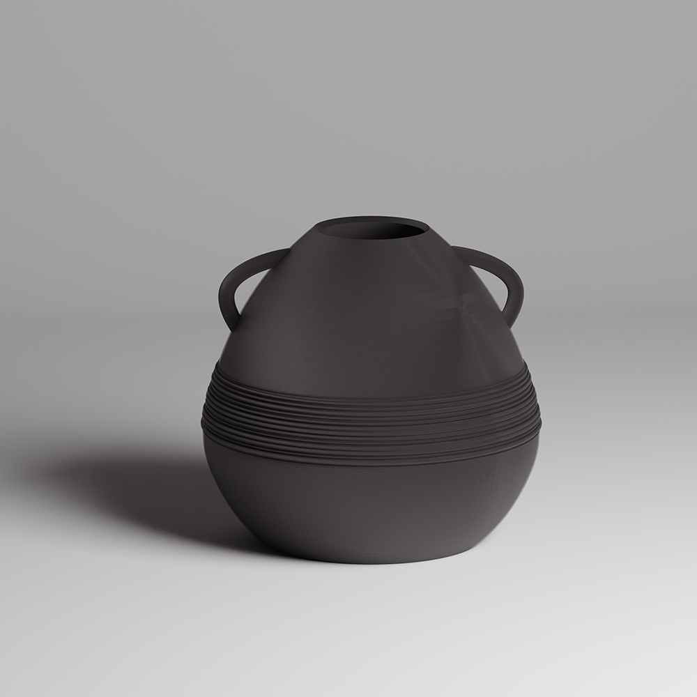 Black vase with ribbed texture and handles on a gray background
