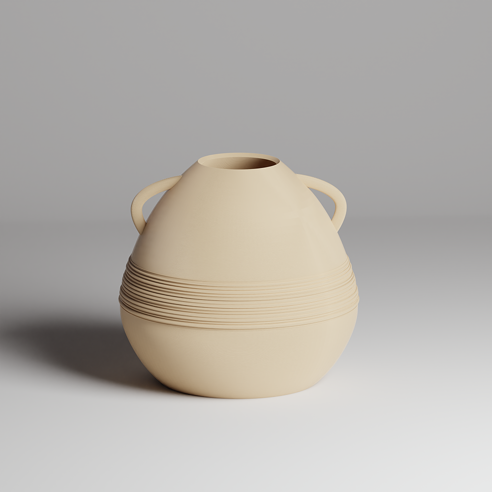 Beige ceramic vase with handles on a gray background