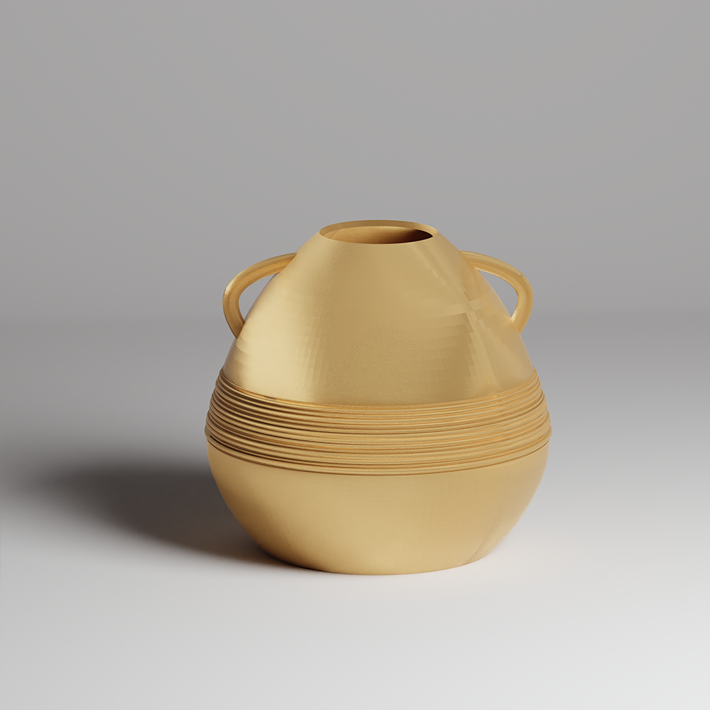 Gold ceramic vase with handles on a gray background