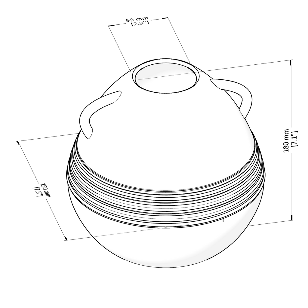 Technical drawing of a spherical object with dimensions labeled