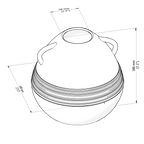 Technical drawing of a spherical object with dimensions labeled