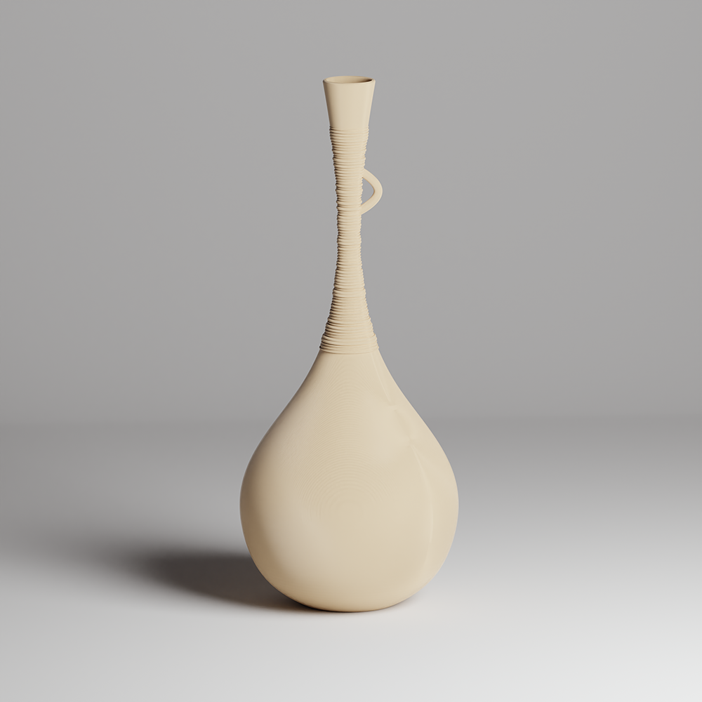 Beige vase with a textured design on a gray background