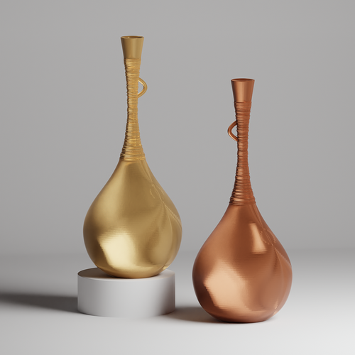 Two decorative vases, one gold and one bronze, on a gray background.