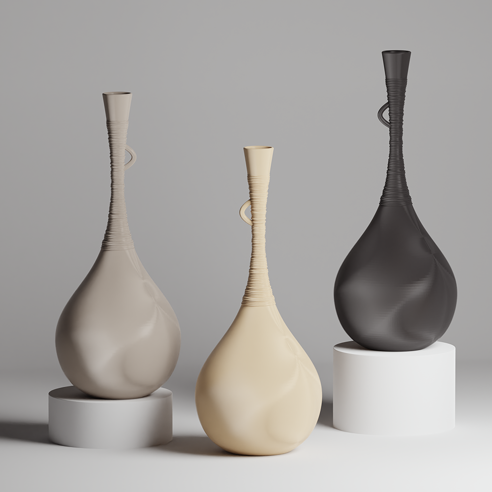 Three vases in beige, gray, and black on a light gray background