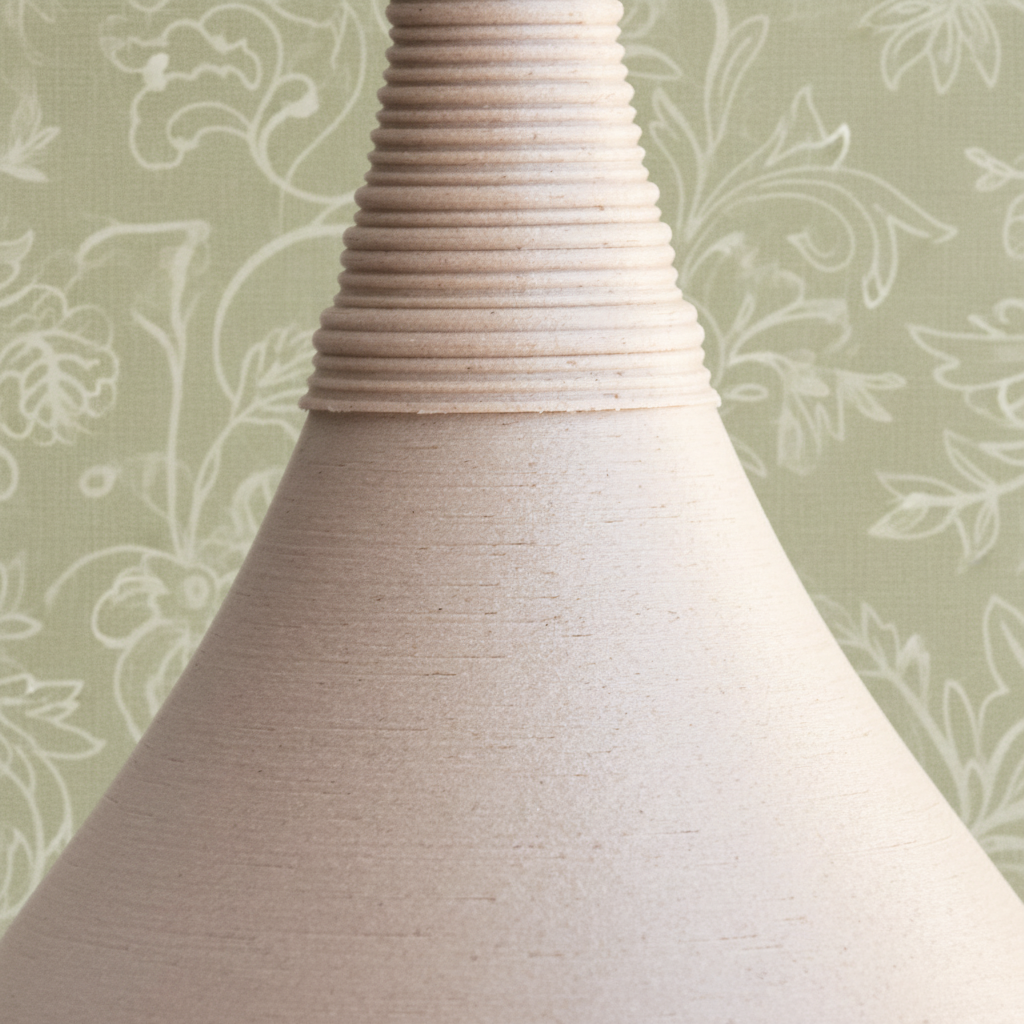Close-up of a textured vase against a light blue background