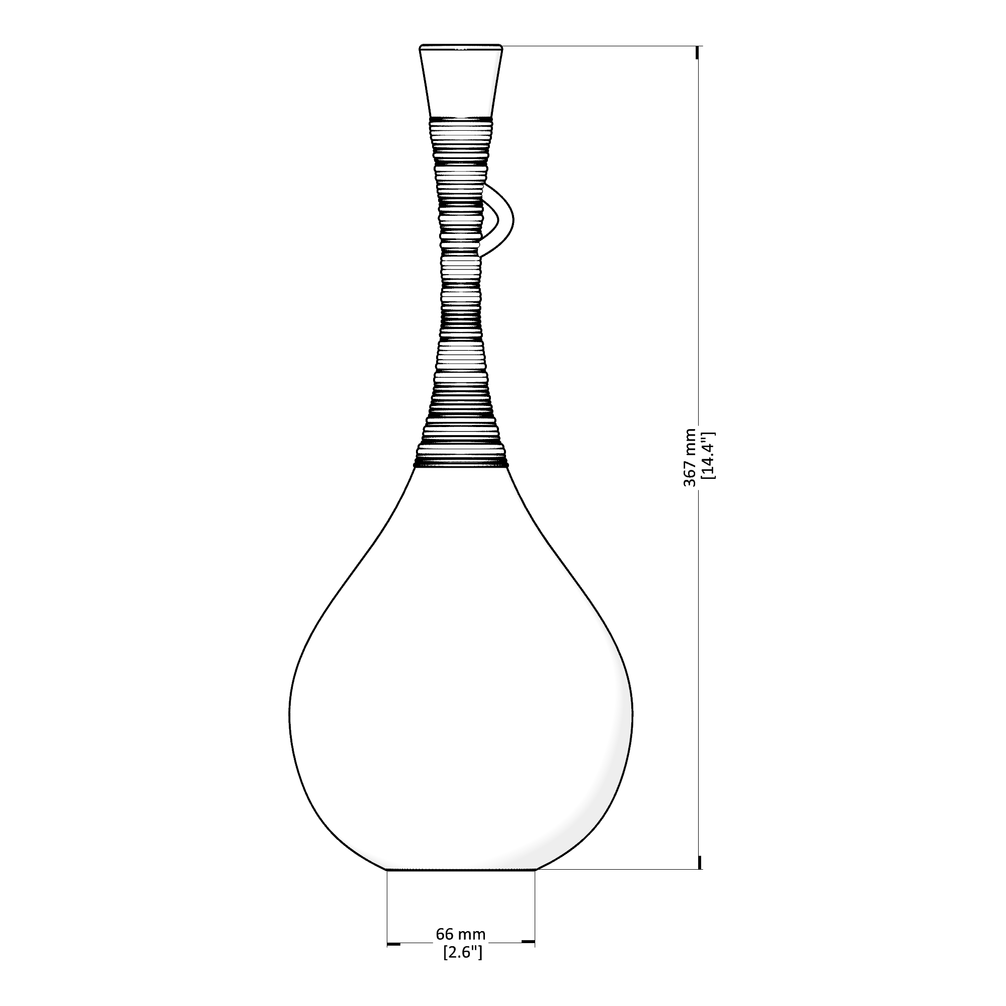 Line drawing of a vase with dimensions on a white background