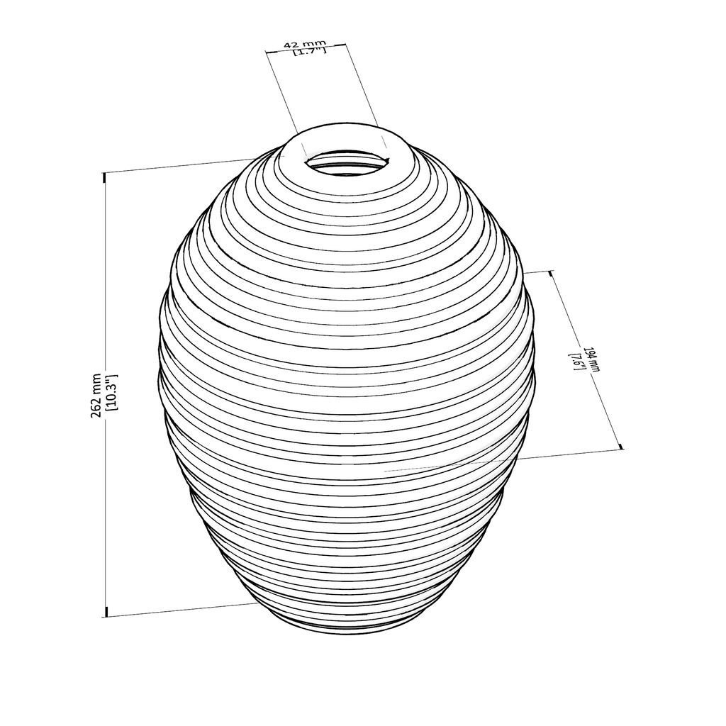 Line drawing of a textured vase with dimensions labeled