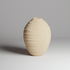 Beige ceramic vase with textured surface on a gray background