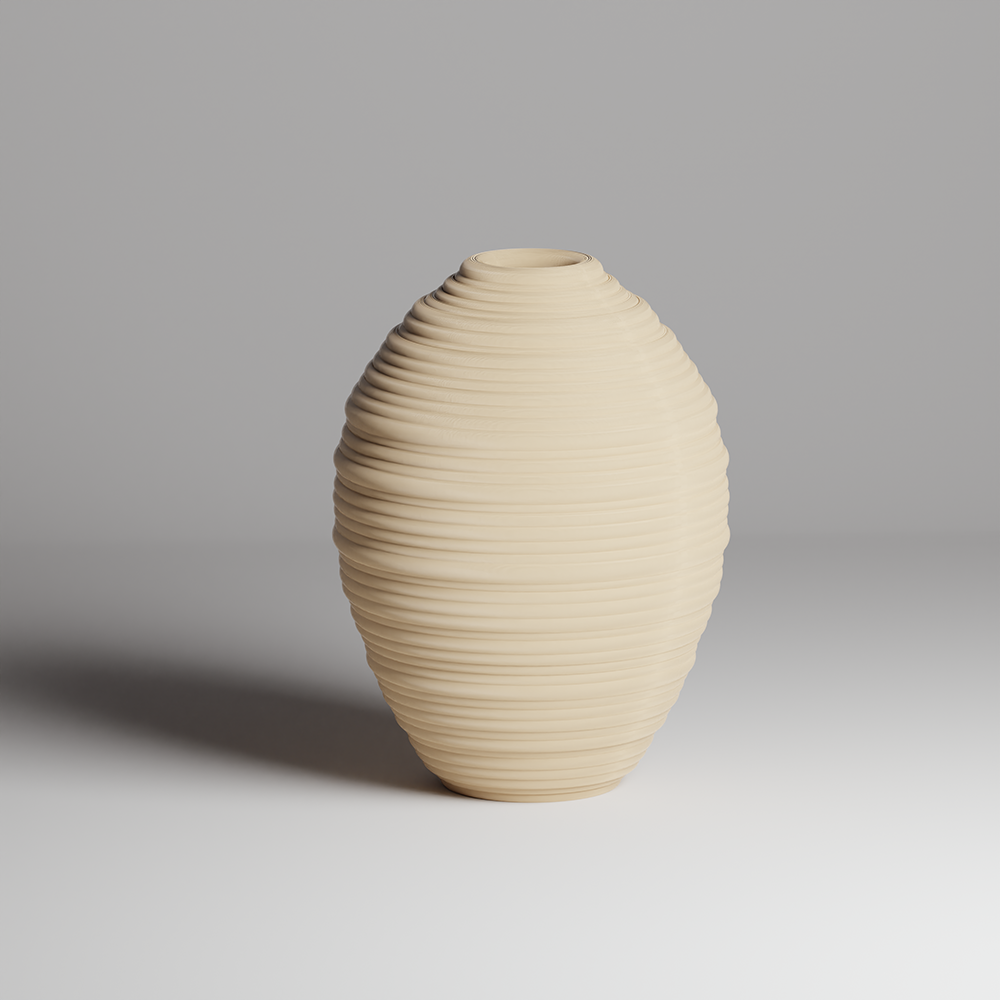 Beige ceramic vase with textured surface on a gray background