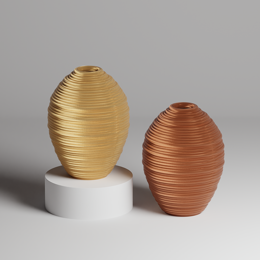 Two ribbed ceramic vases, one gold and one brown, on a gray background.
