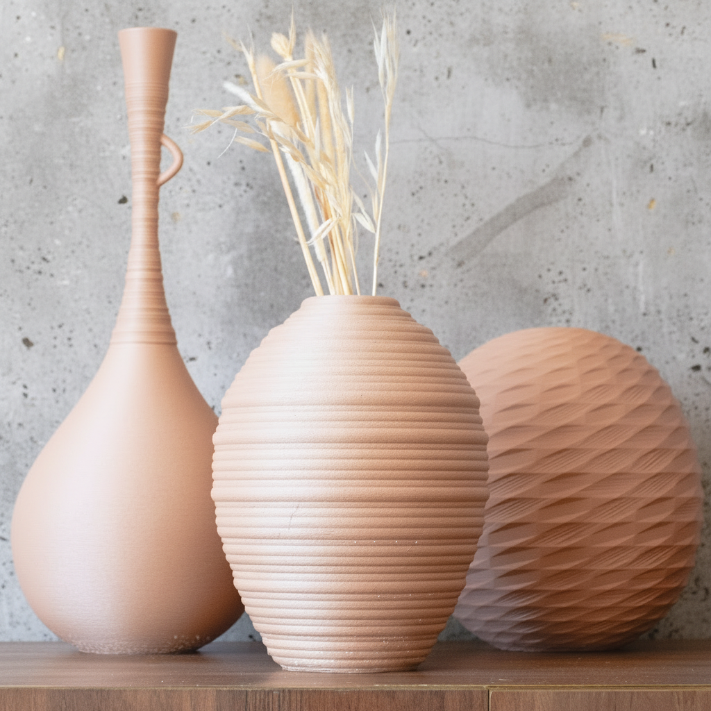 Three decorative vases with unique designs on a wooden surface against a light background