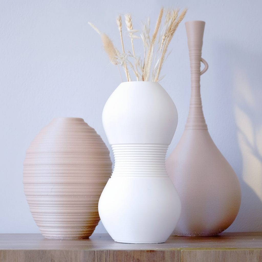 Three ceramic vases of different shapes and sizes on a wooden surface with a light background