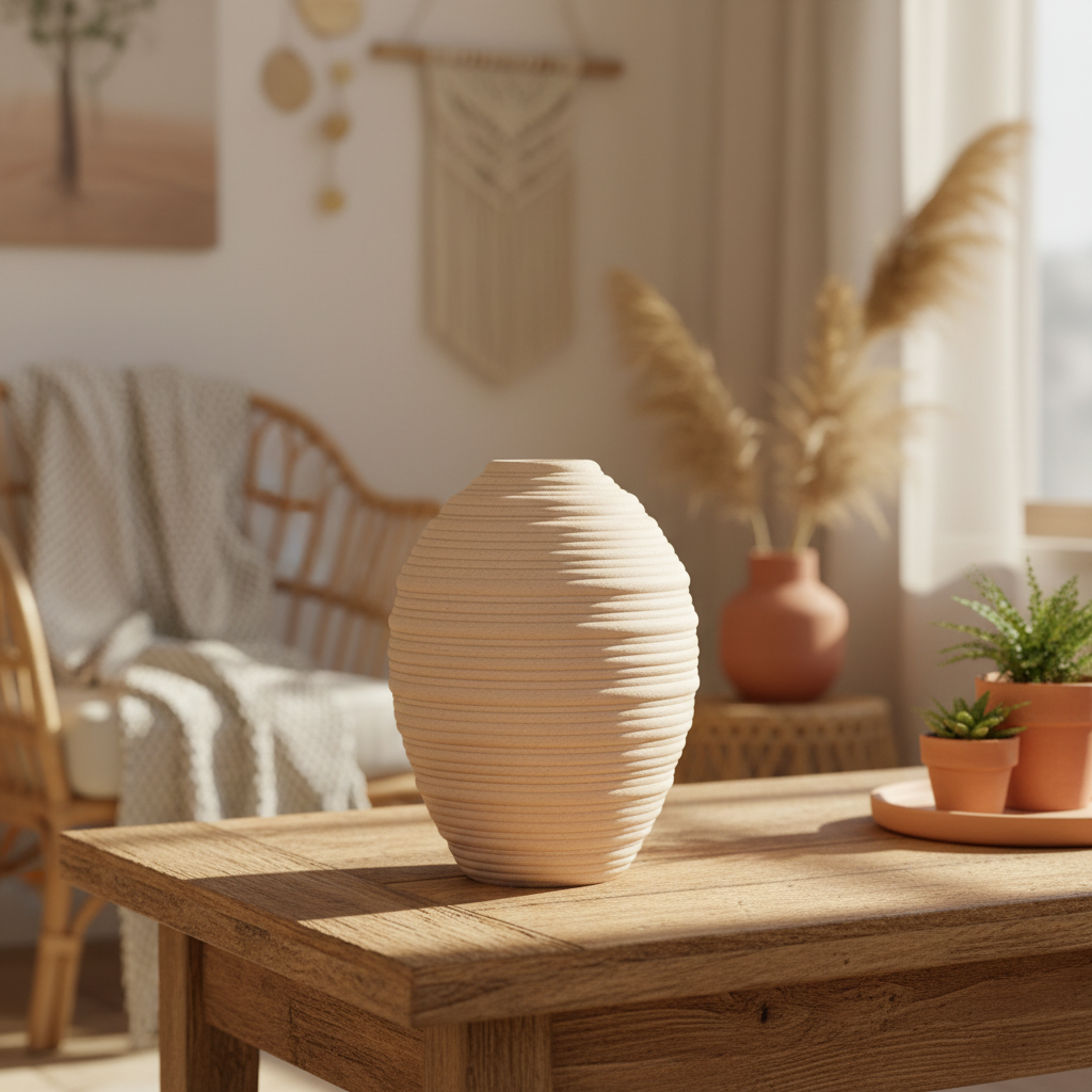 Beige ceramic vase with textured surface on a light blue background