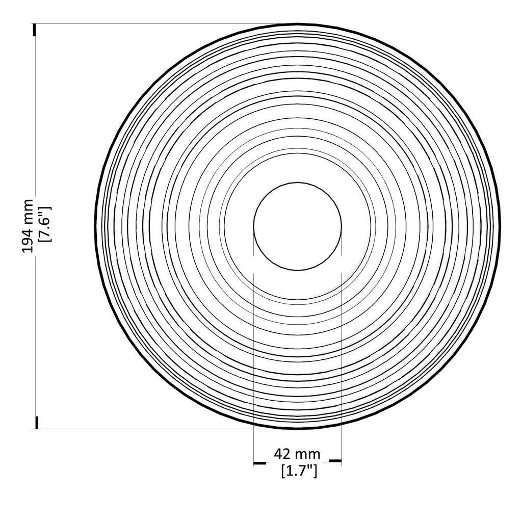 Circular component with concentric rings and measurements on a white background