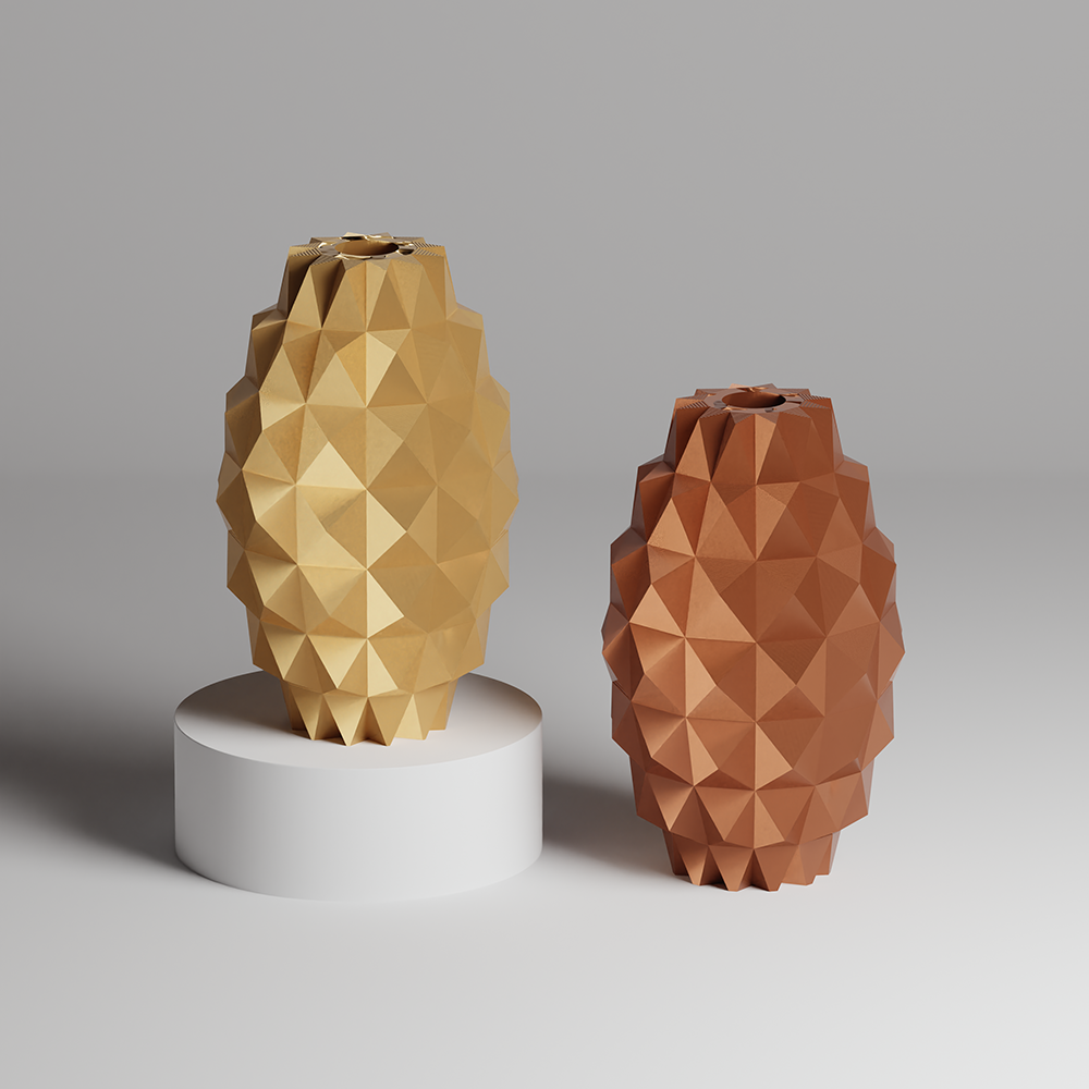 Two geometrically designed vases, one gold and one brown, on a gray background.
