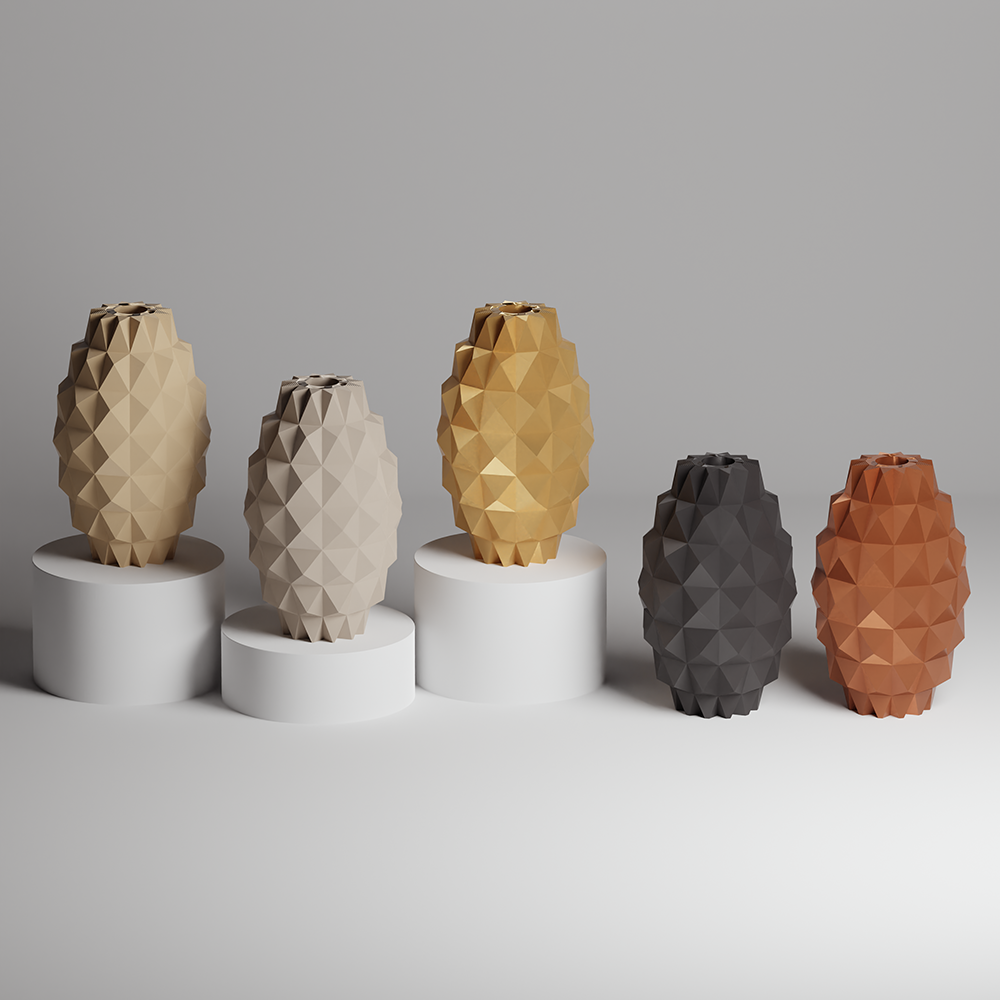 Five geometrically shaped vases in various colors on white stands against a gray background