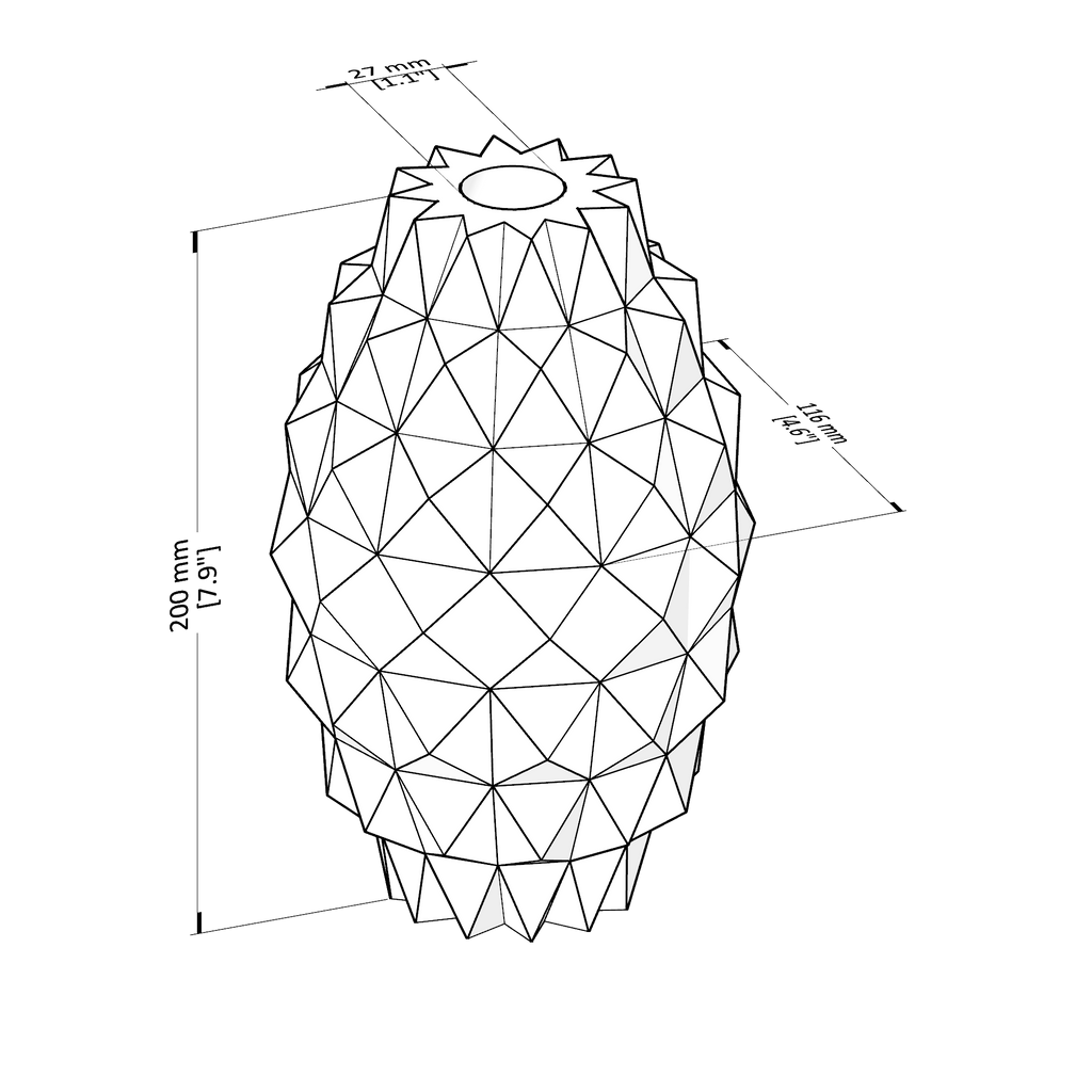 Geometric lamp design with dimensions on a white background