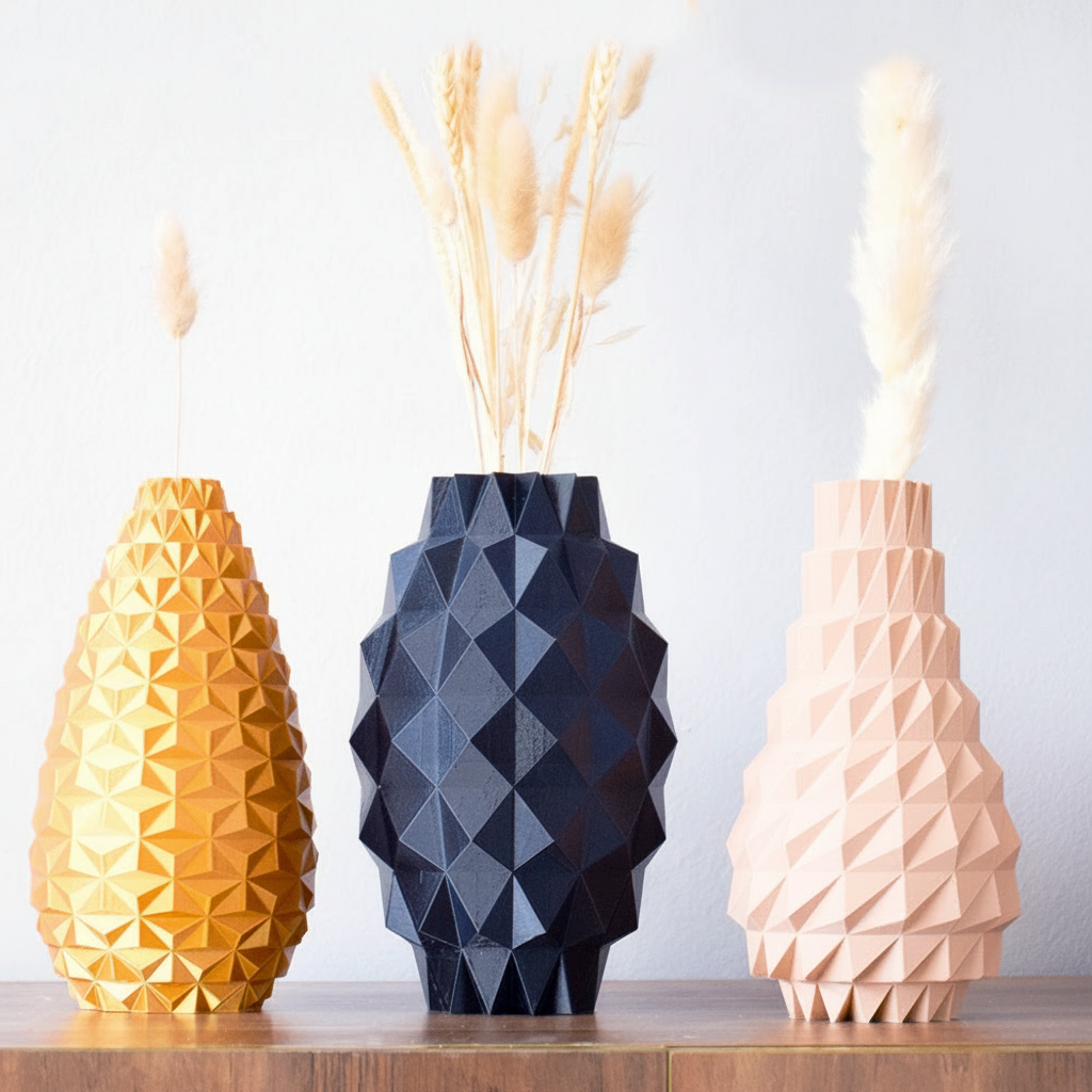 Three geometrically patterned vases on a wooden surface with a light blue background