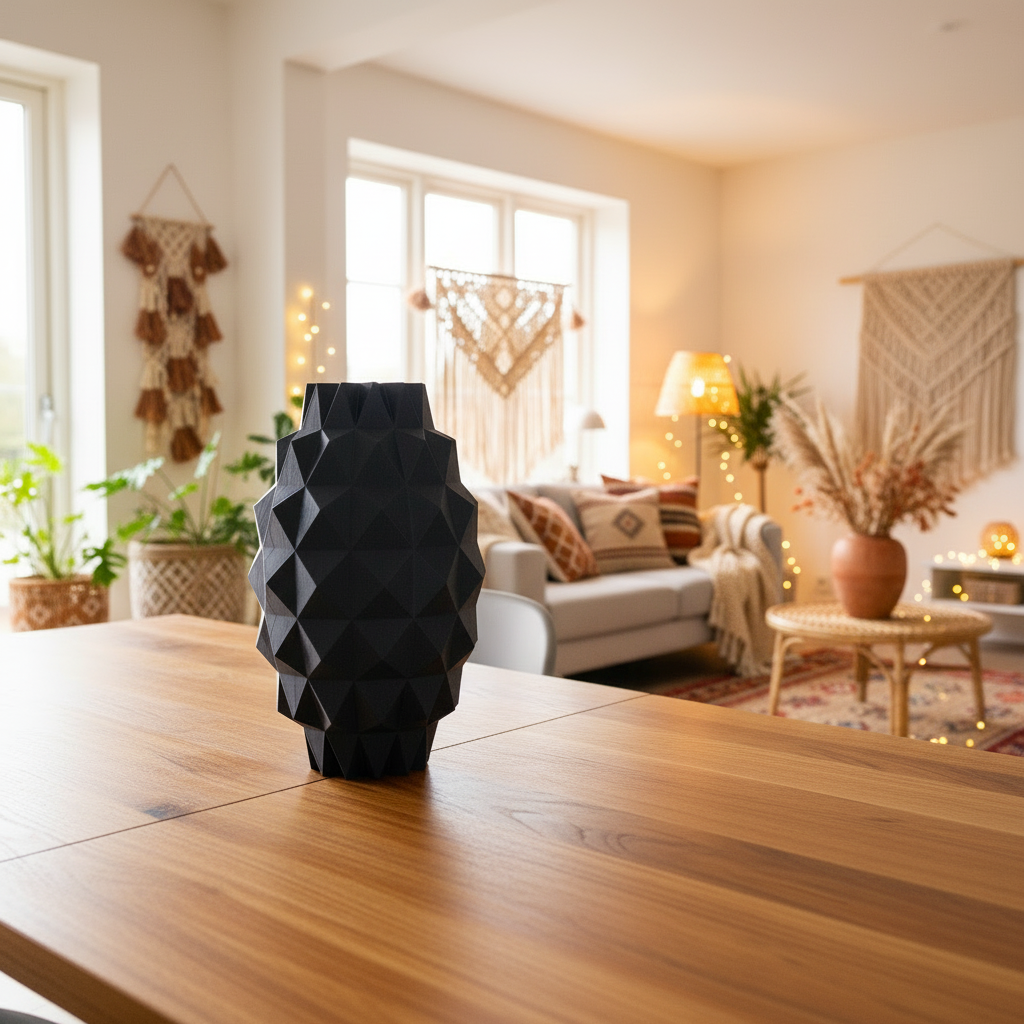 Geometric blue vase on a white surface with a light blue background