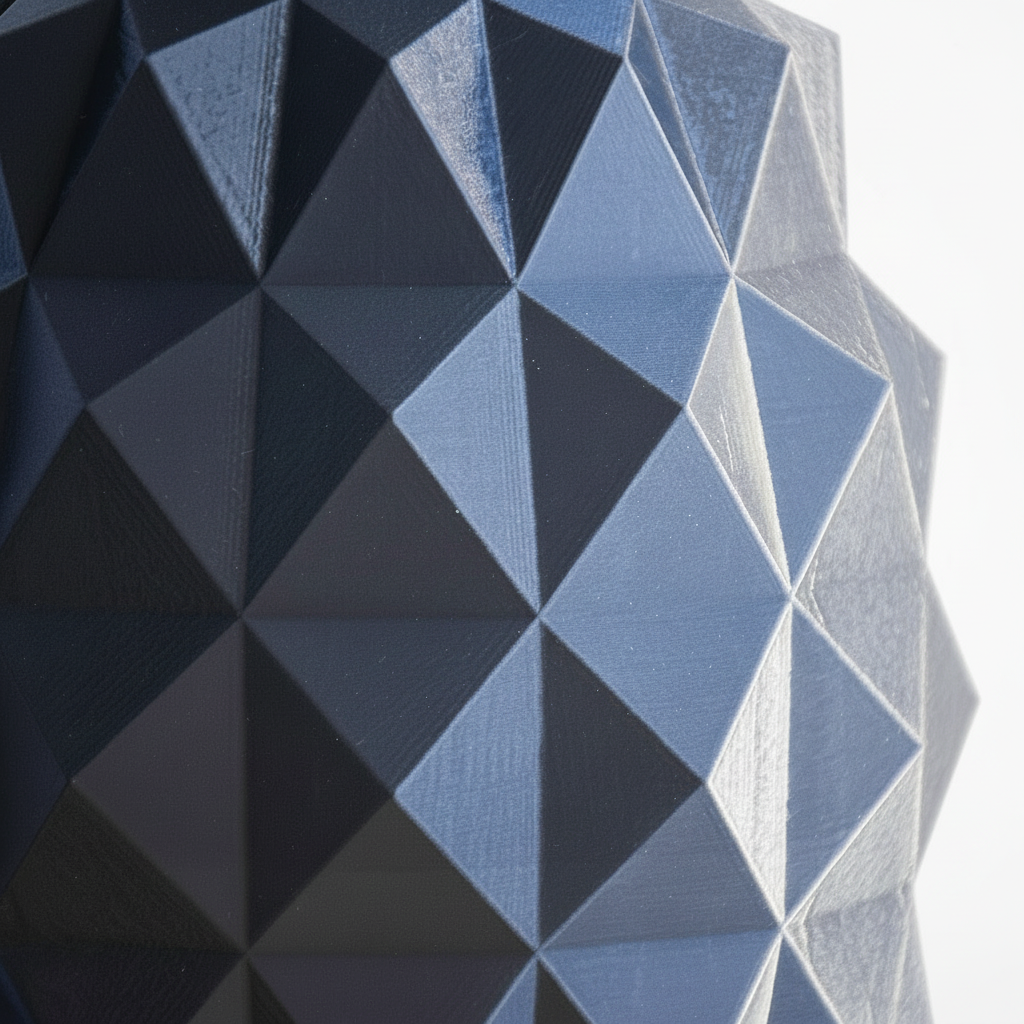 Geometric pattern with blue and gray triangles on a textured surface