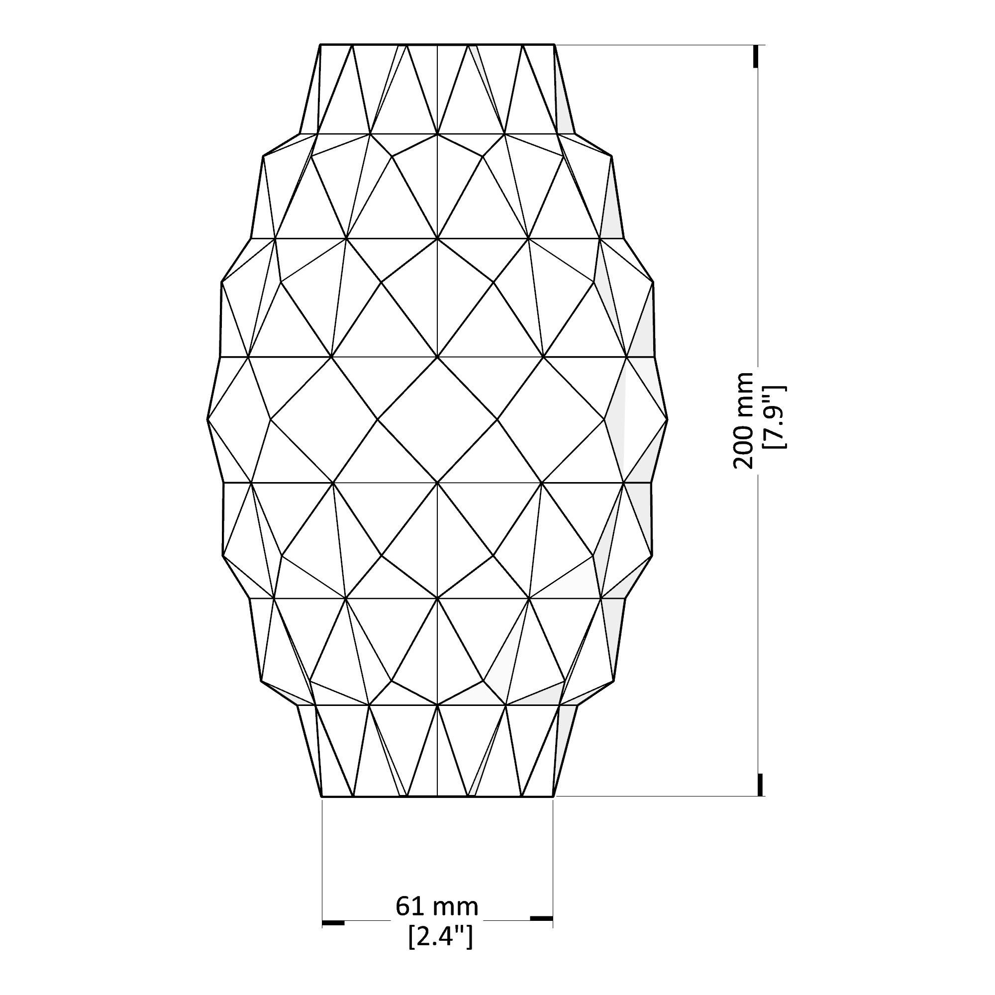 Geometric vase design with measurements on a white background