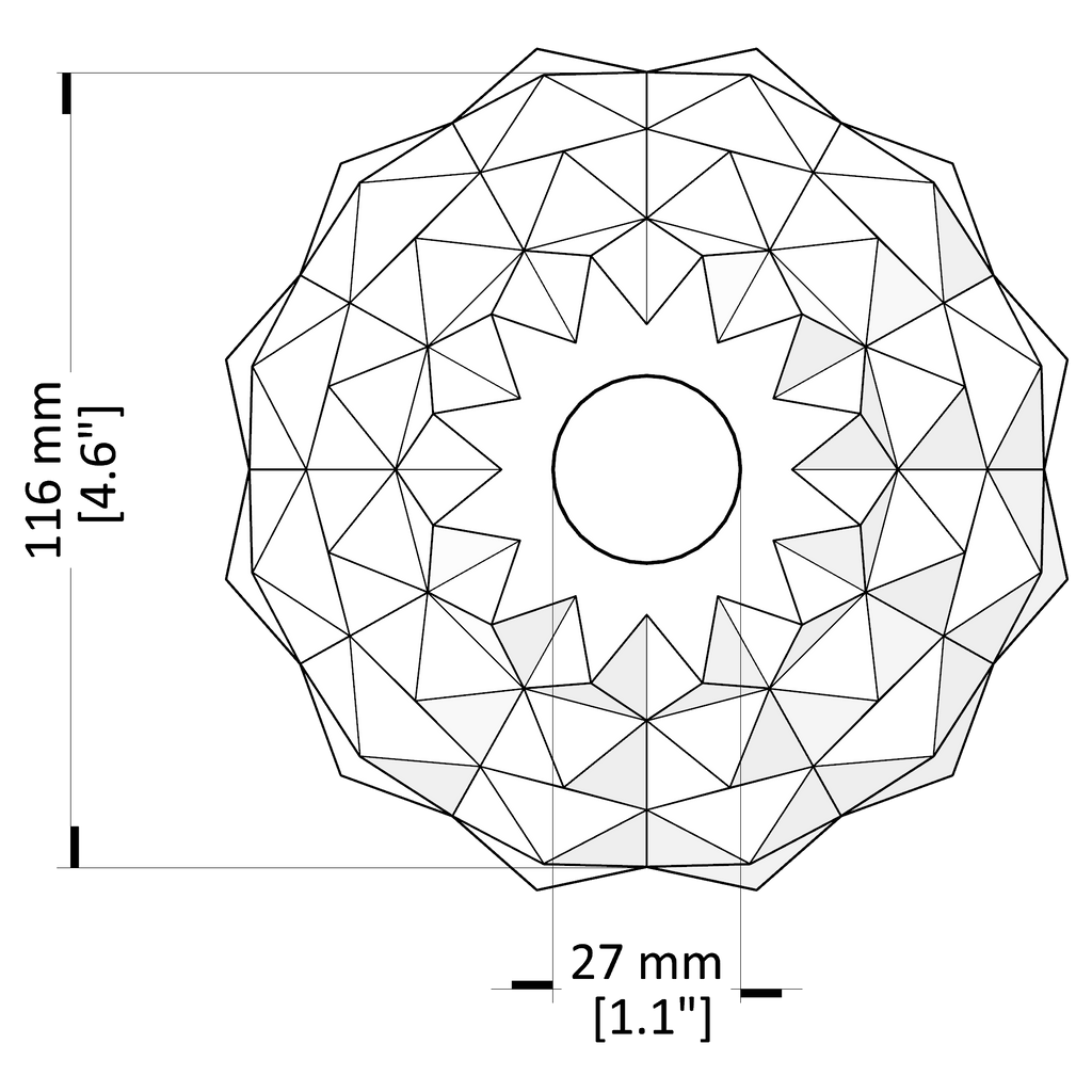 Geometric donut-shaped object with measurements on a white background