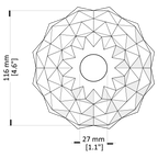 Geometric donut-shaped object with measurements on a white background